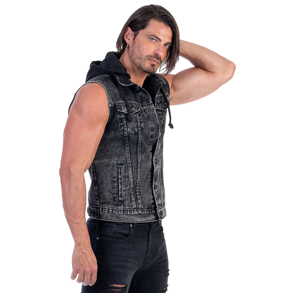 Chaleco Mezclilla Hombre Acid Wash Capucha Desmontable