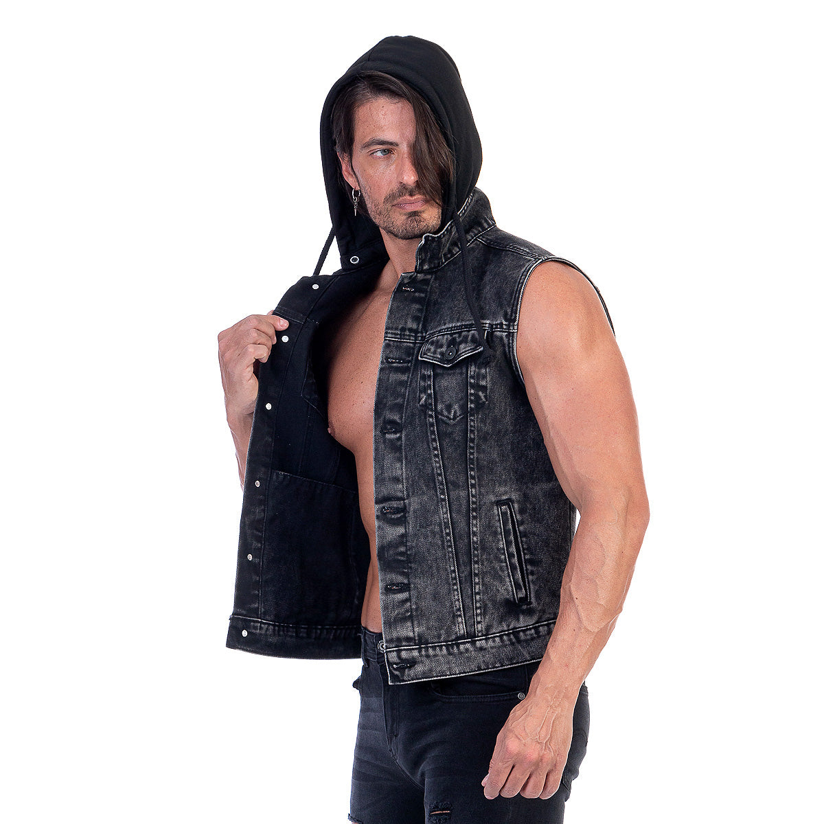 Chaleco Mezclilla Hombre Acid Wash Capucha Desmontable