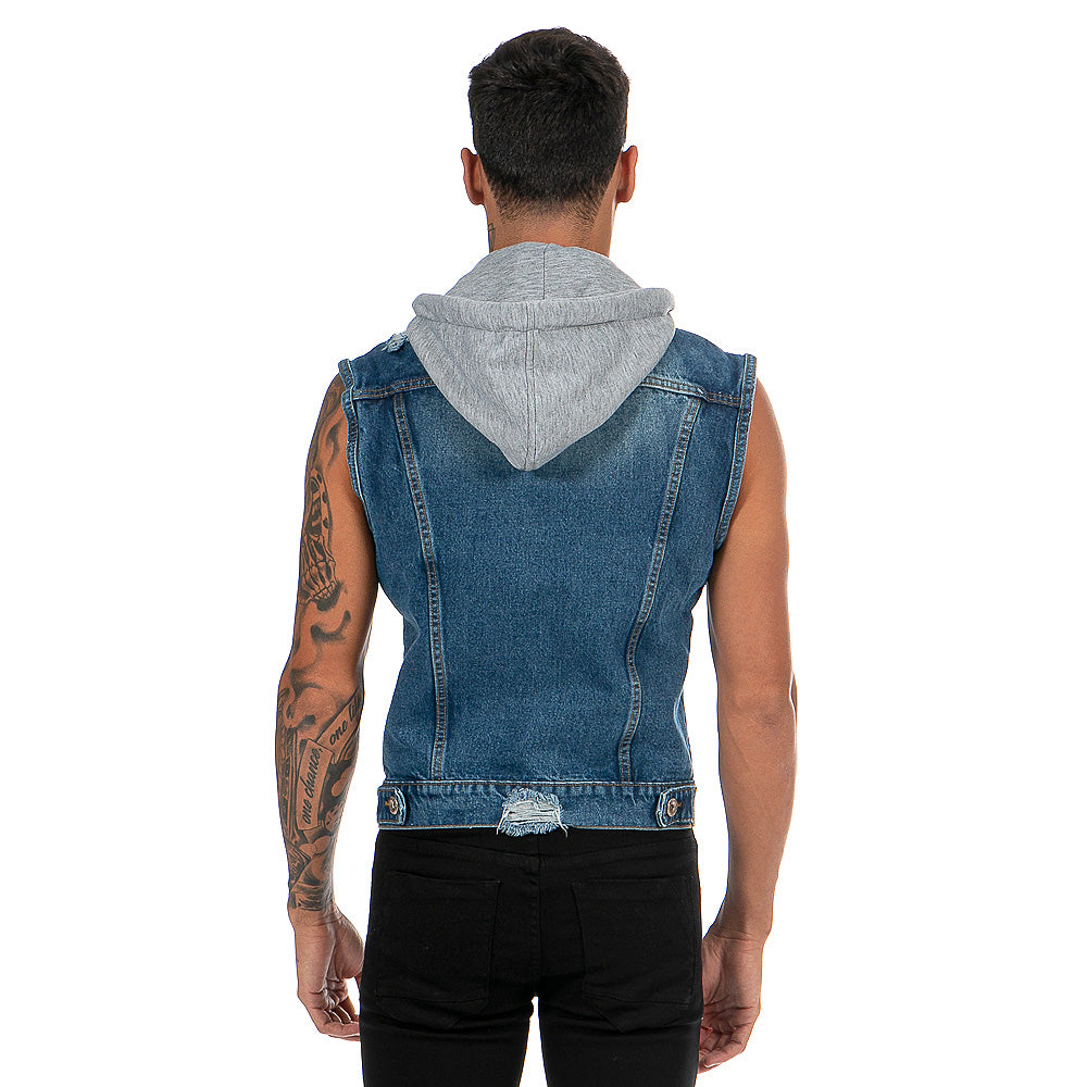 Chaleco Mezclilla Hombre Con Destrucción Capucha Desmontable