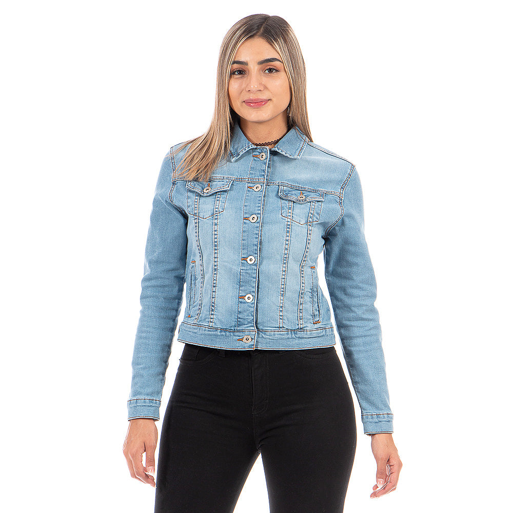 Chamarra Mezclilla Stretch Mujer Con Bolsillos