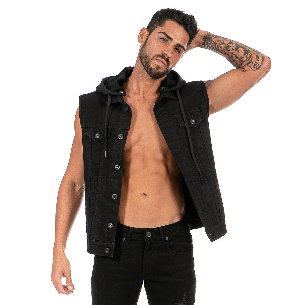 Chaleco Mezclilla Stretch Hombre Capucha Desmontable