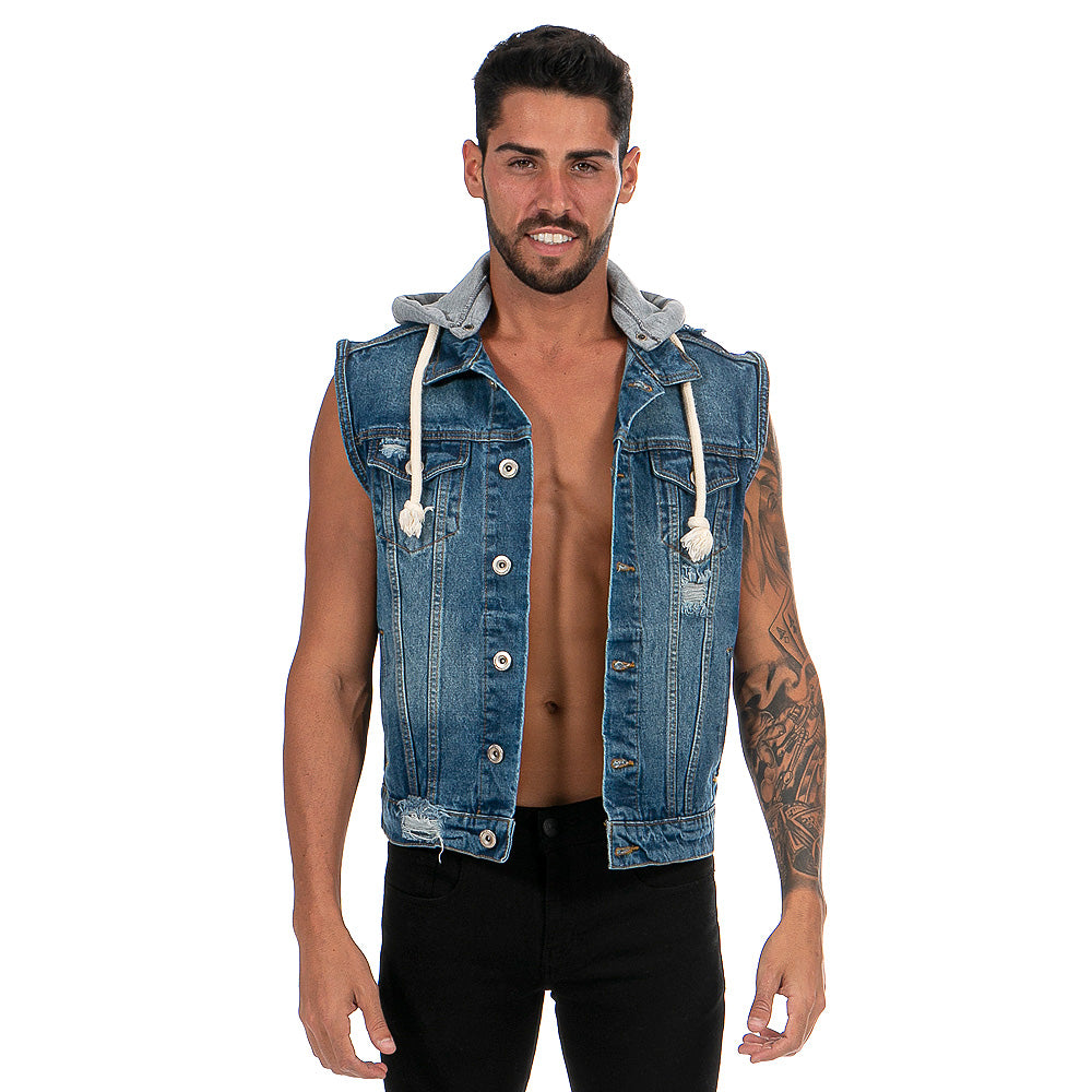 Chaleco Mezclilla Hombre Con Destrucción Capucha Desmontable