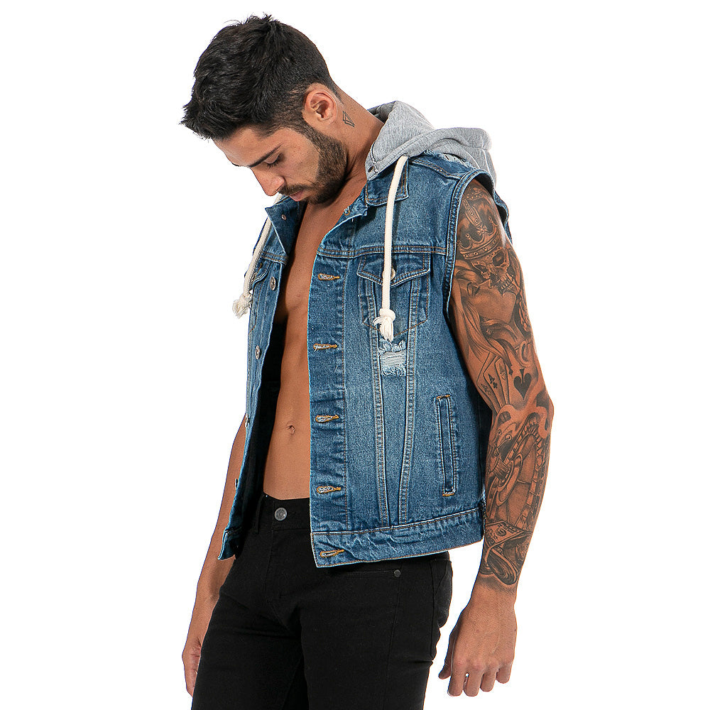 Chaleco Mezclilla Hombre Con Destrucción Capucha Desmontable