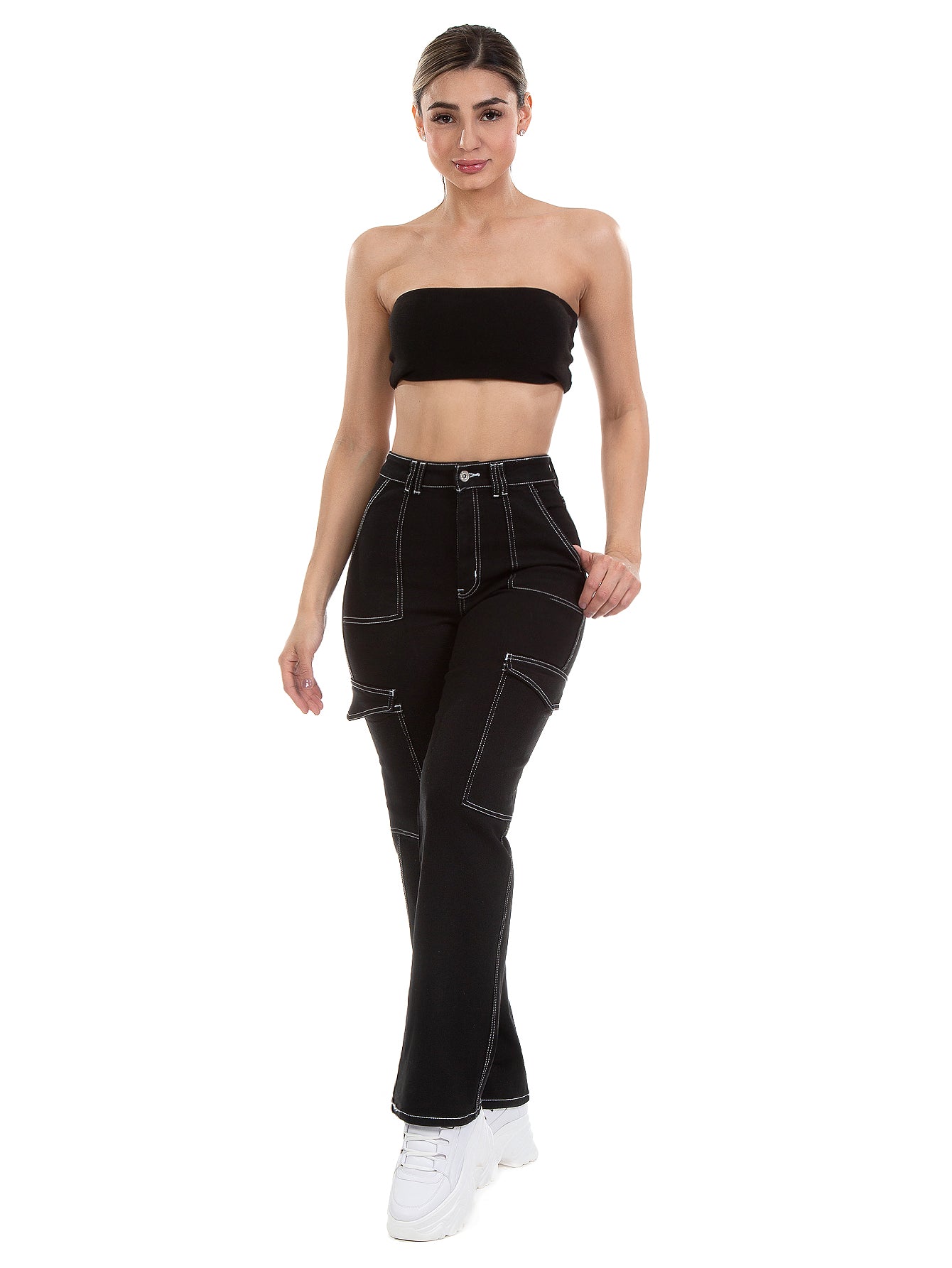 Pantalón Cargo Mezclilla Stretch Mujer Tiro Alto