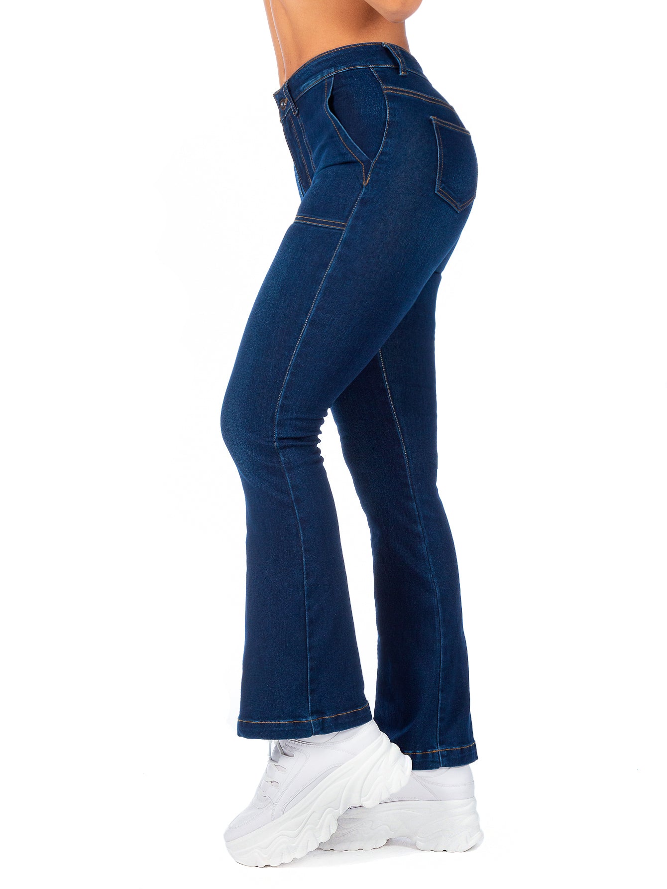 Pantalón Mezclilla Stretch Mujer Bolsillos de Parche Campana