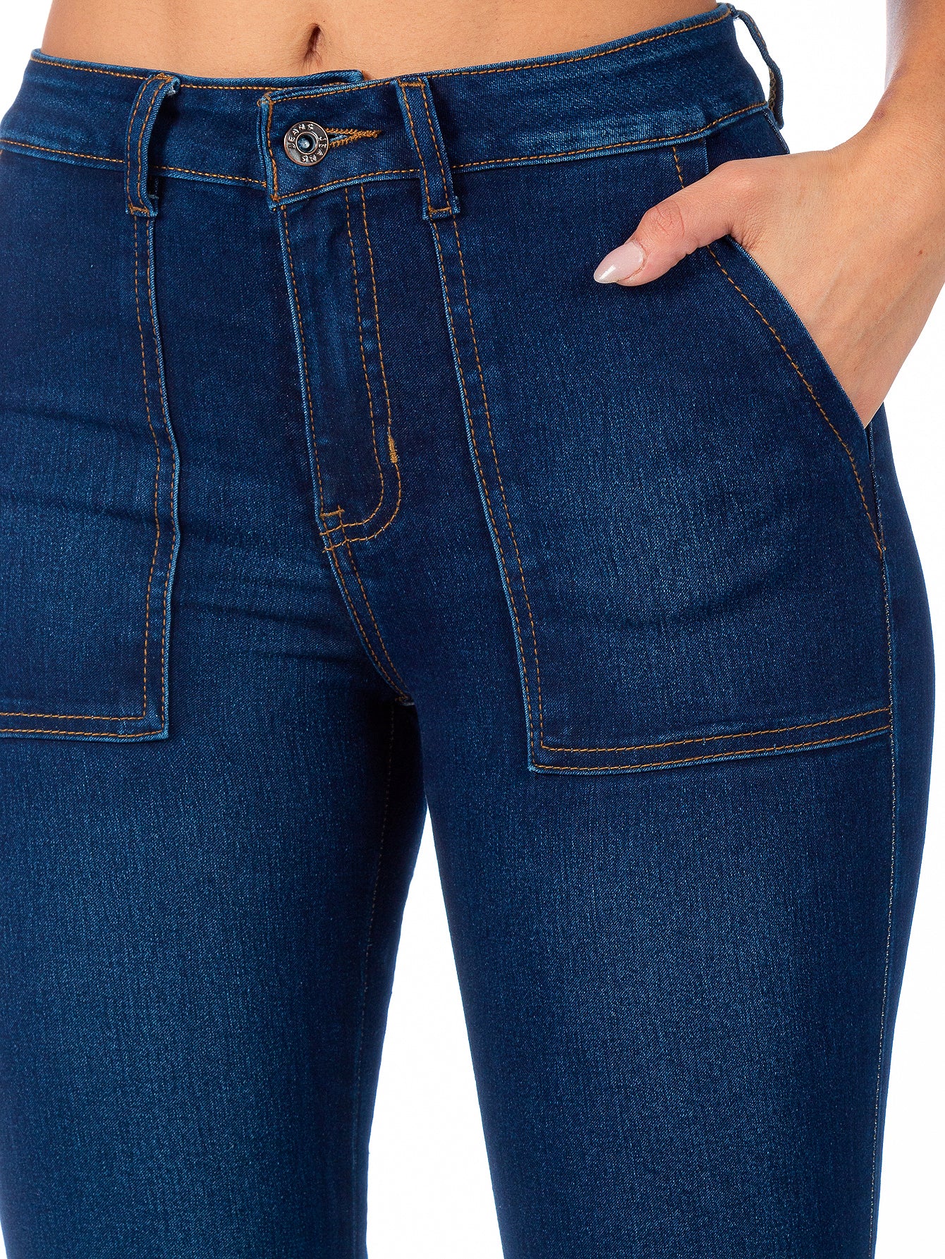 Pantalón Mezclilla Stretch Mujer Bolsillos de Parche Campana