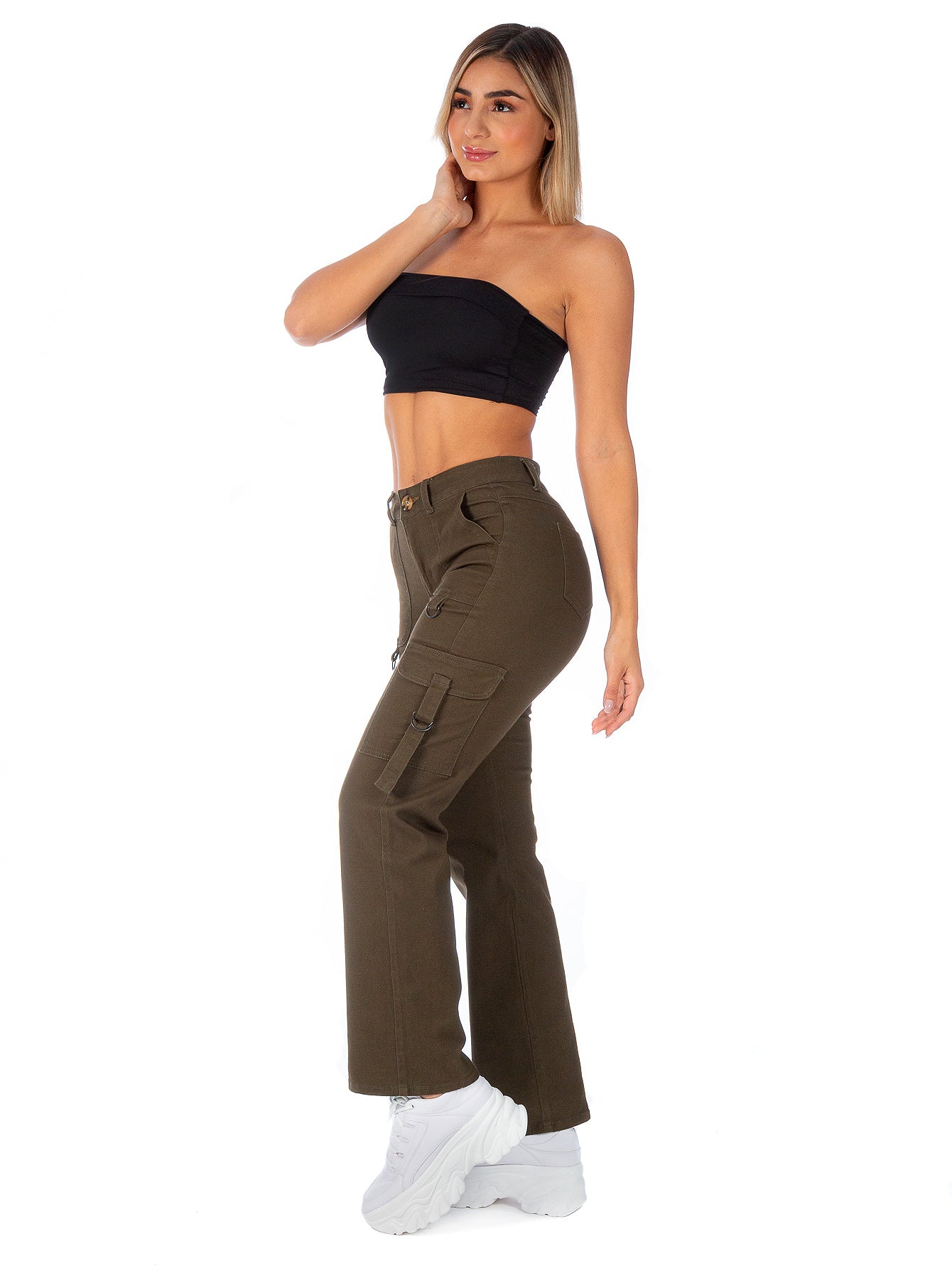 Pantalón Cargo Gabardina Stretch Mujer Con Hebillas