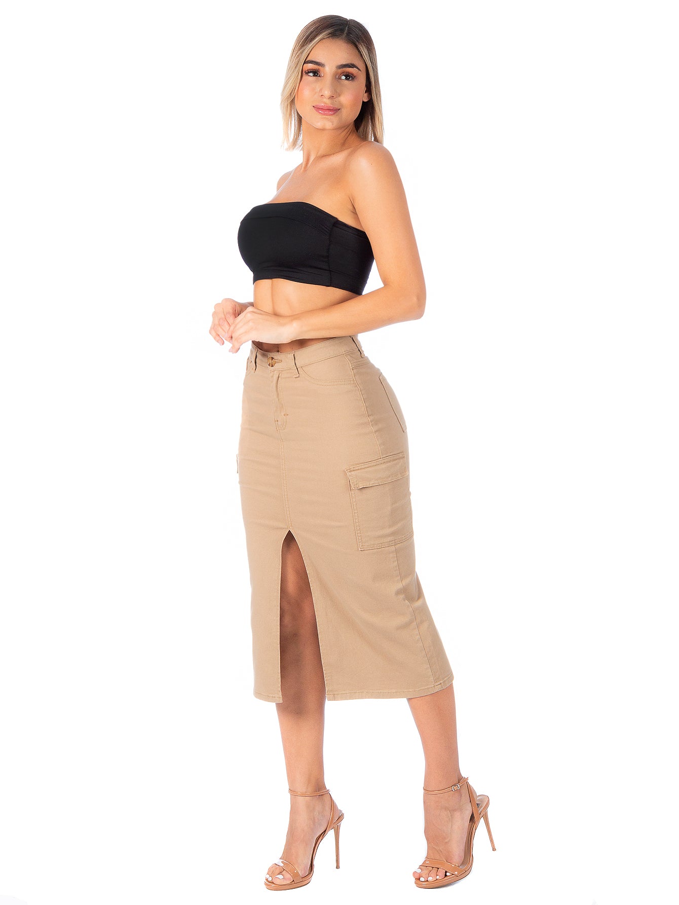 Falda Cargo Midi Gabardina Stretch Con Abertura Al Frente
