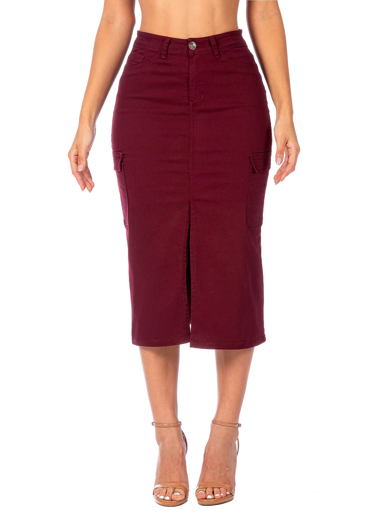 Falda Cargo Midi Gabardina Stretch Con Abertura Al Frente