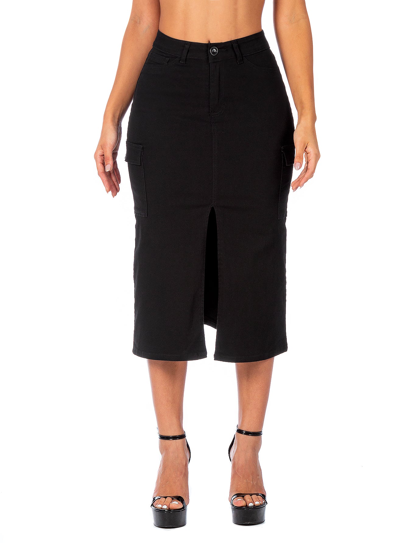Falda Cargo Midi Gabardina Stretch Con Abertura Al Frente