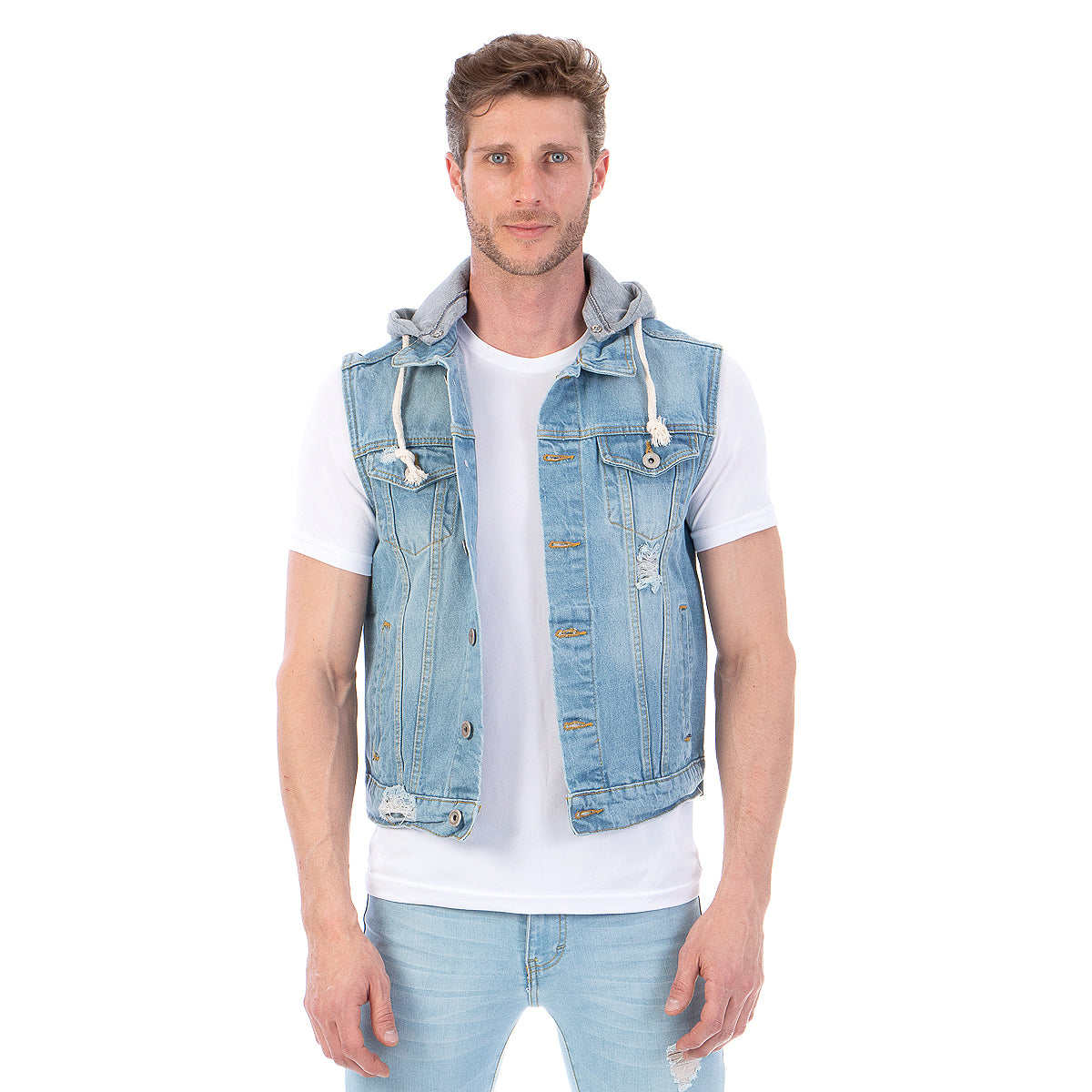 Chaleco Mezclilla Hombre Con Destrucción Capucha Desmontable