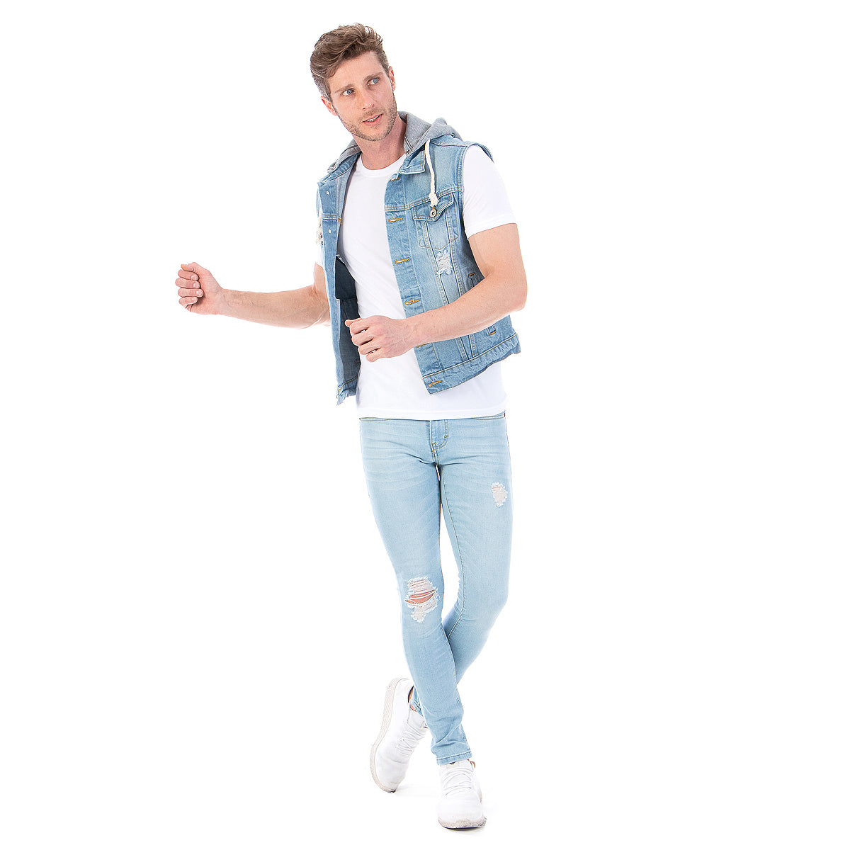 Chaleco Mezclilla Hombre Con Destrucción Capucha Desmontable