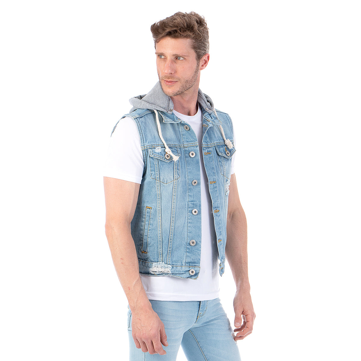 Chaleco Mezclilla Hombre Con Destrucción Capucha Desmontable