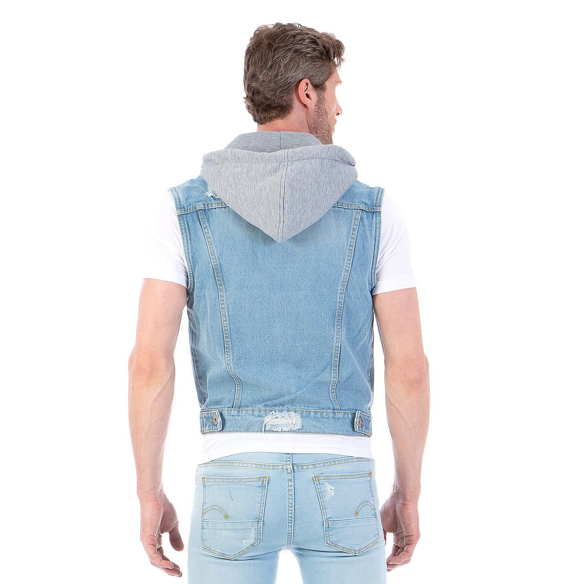 Chaleco Mezclilla Hombre Con Destrucción Capucha Desmontable