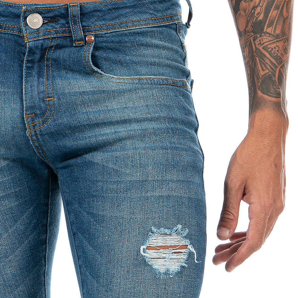 Pantalón Mezclilla Stretch Hombre Azul Destrucción
