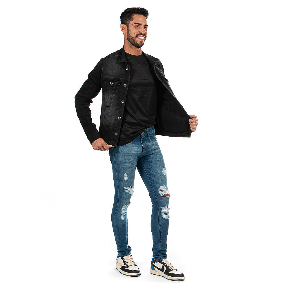 Pantalón Mezclilla Stretch Hombre Azul Destrucción