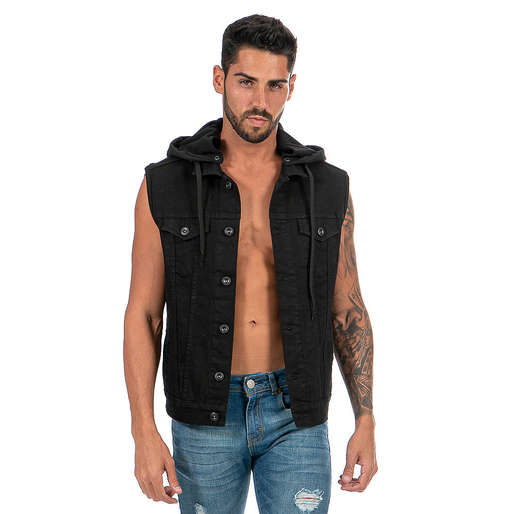 Chaleco Mezclilla Stretch Hombre Capucha Desmontable