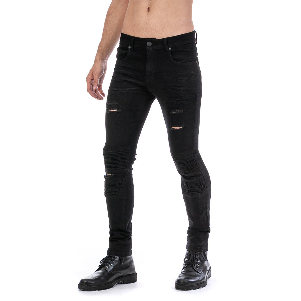 Pantalón Mezclilla Stretch Hombre Biker Negro Demolición