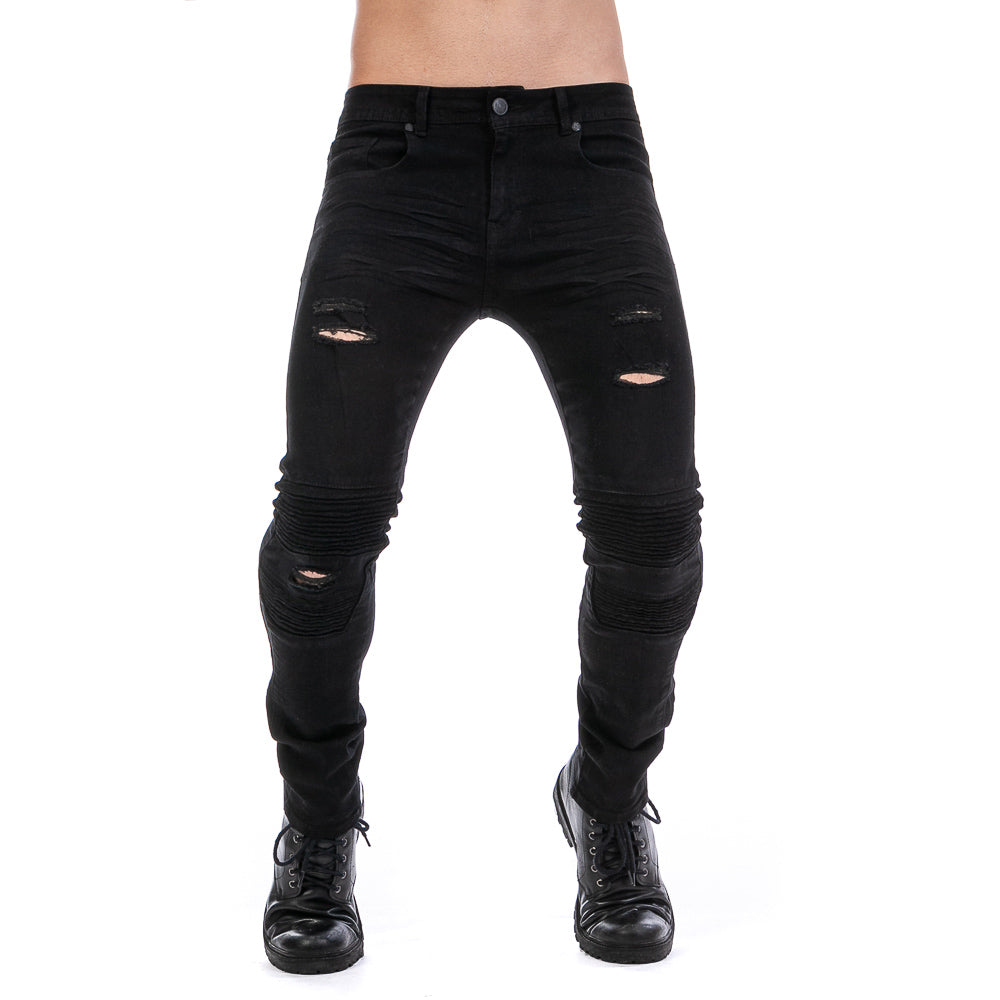 Pantalón Mezclilla Stretch Hombre Biker Negro Demolición