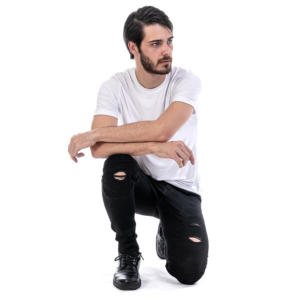 Pantalón Mezclilla Stretch Hombre Biker Negro Demolición