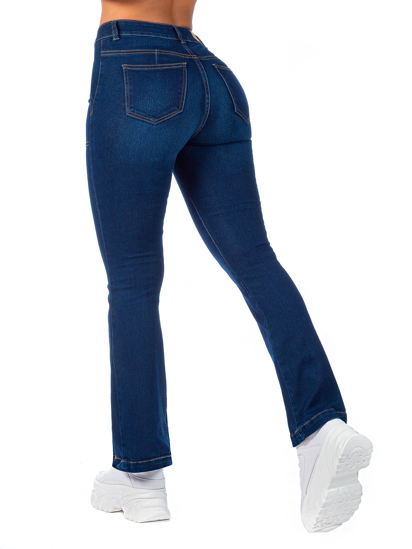 Pantalón Mezclilla Stretch Mujer Bolsillos de Parche Campana