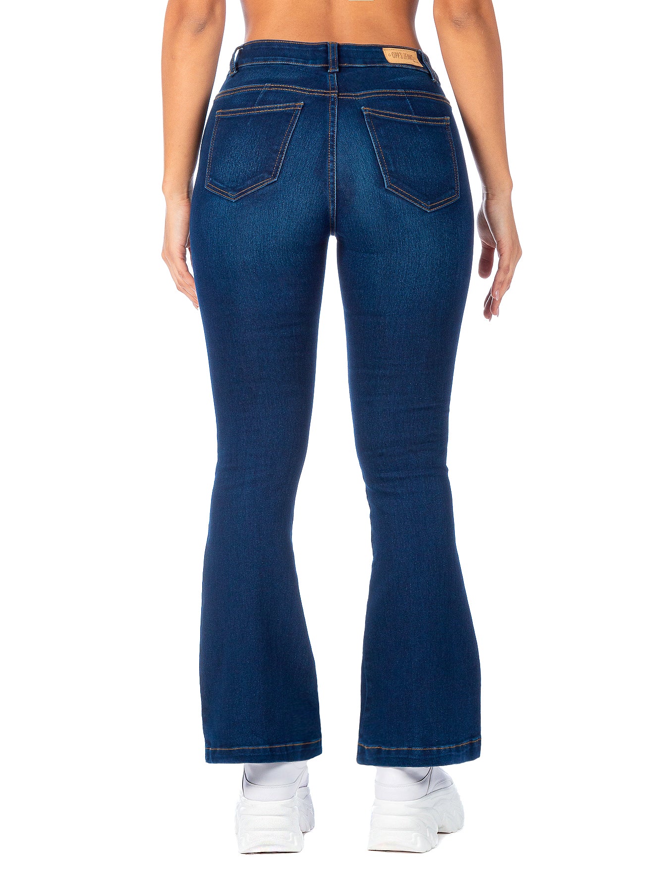 Pantalón Mezclilla Stretch Mujer Bolsillos de Parche Campana