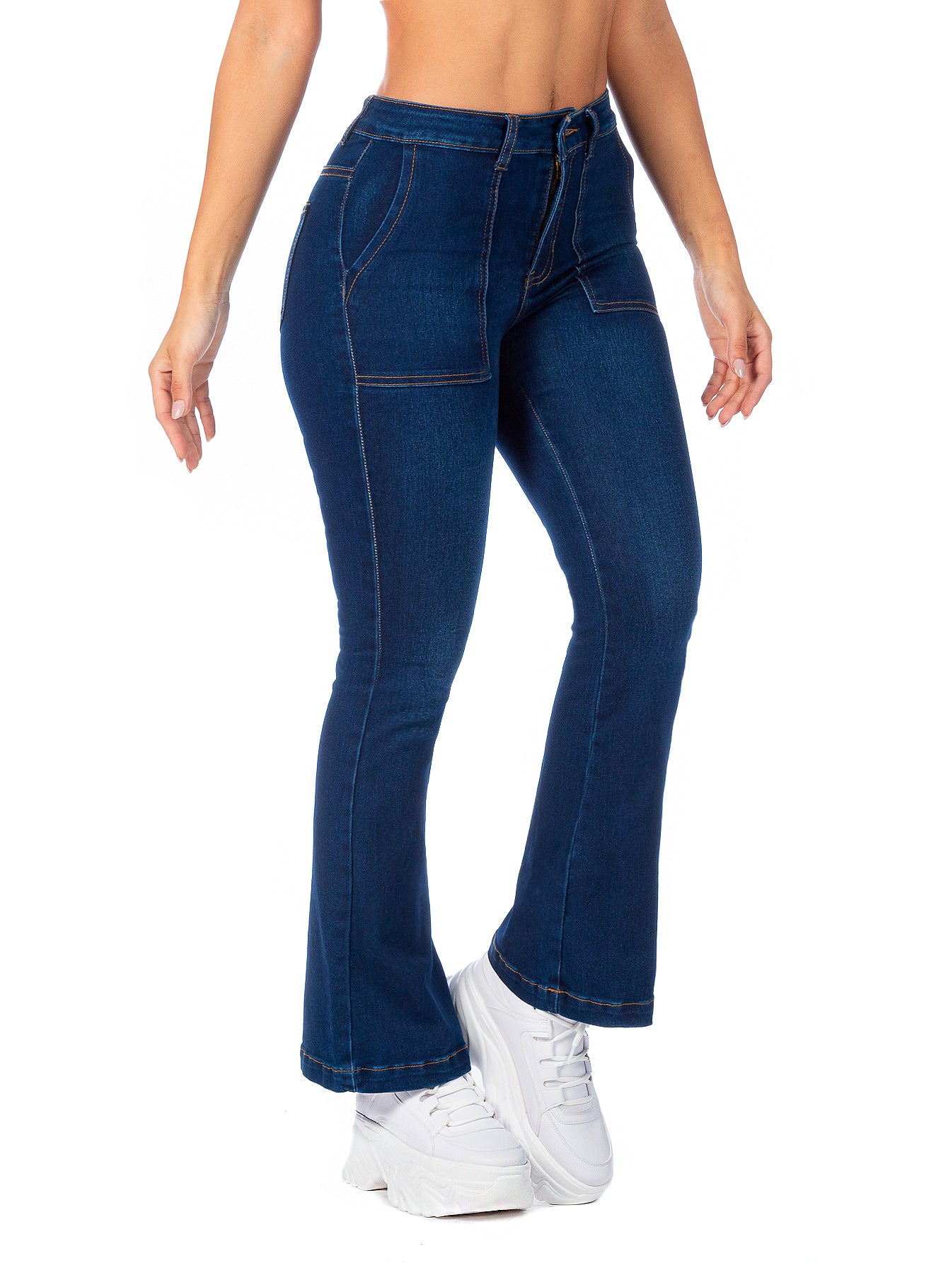 Pantalón Mezclilla Stretch Mujer Bolsillos de Parche Campana