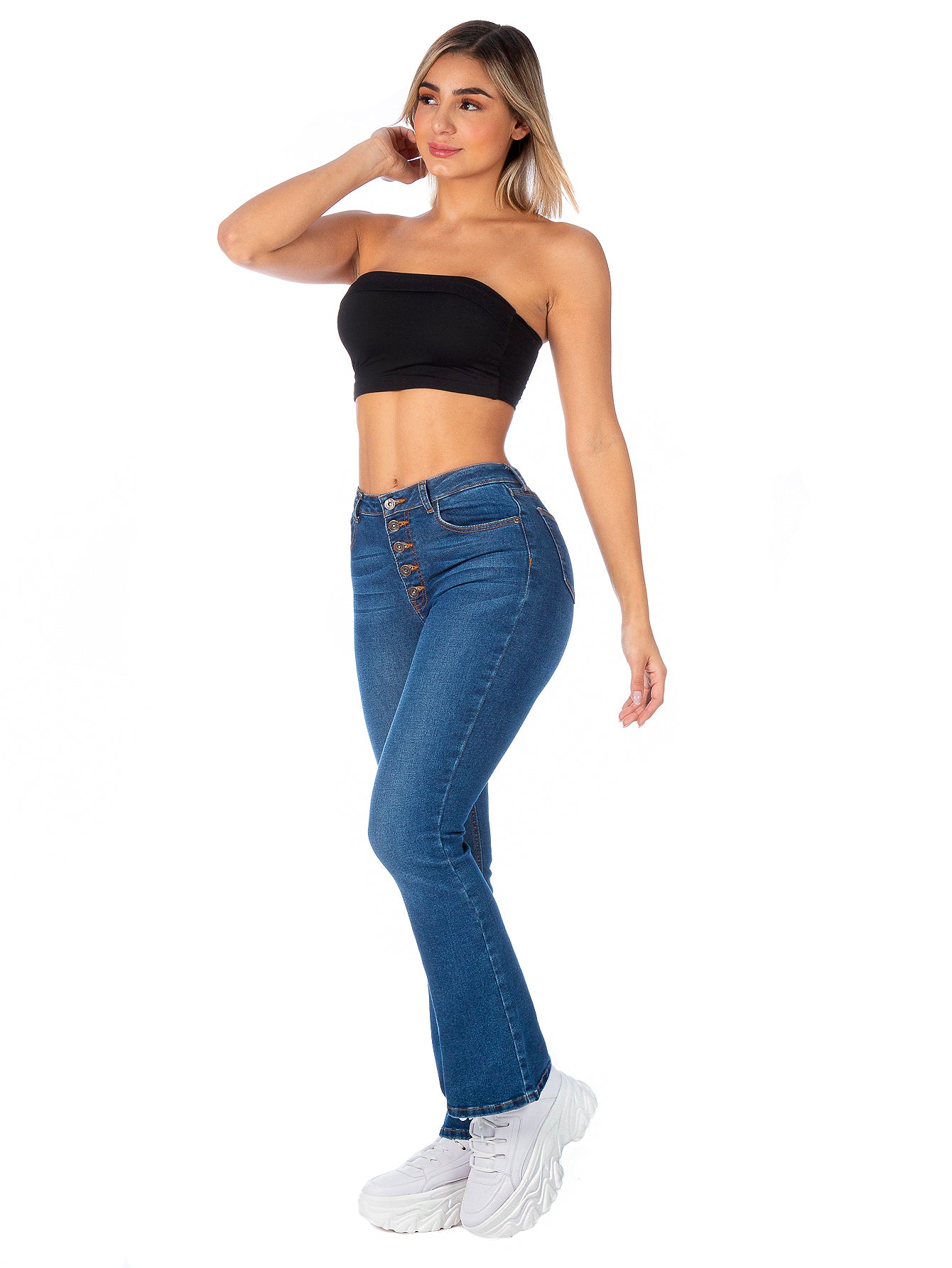 Pantalón Mezclilla Stretch Mujer Campana Botonera