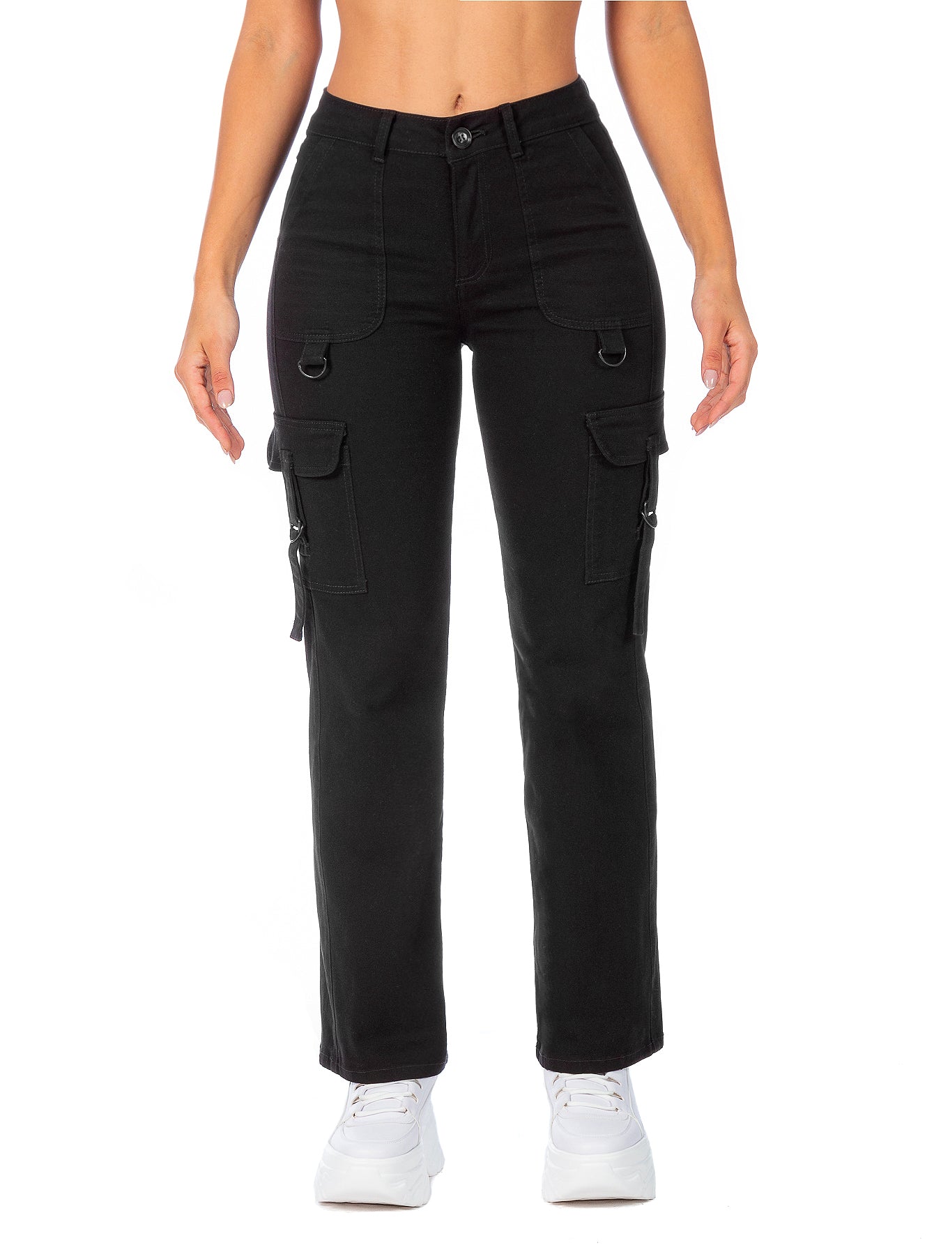 Pantalon Recto Pantalón De Gabardina Negro Mujer Pantalón Cargo