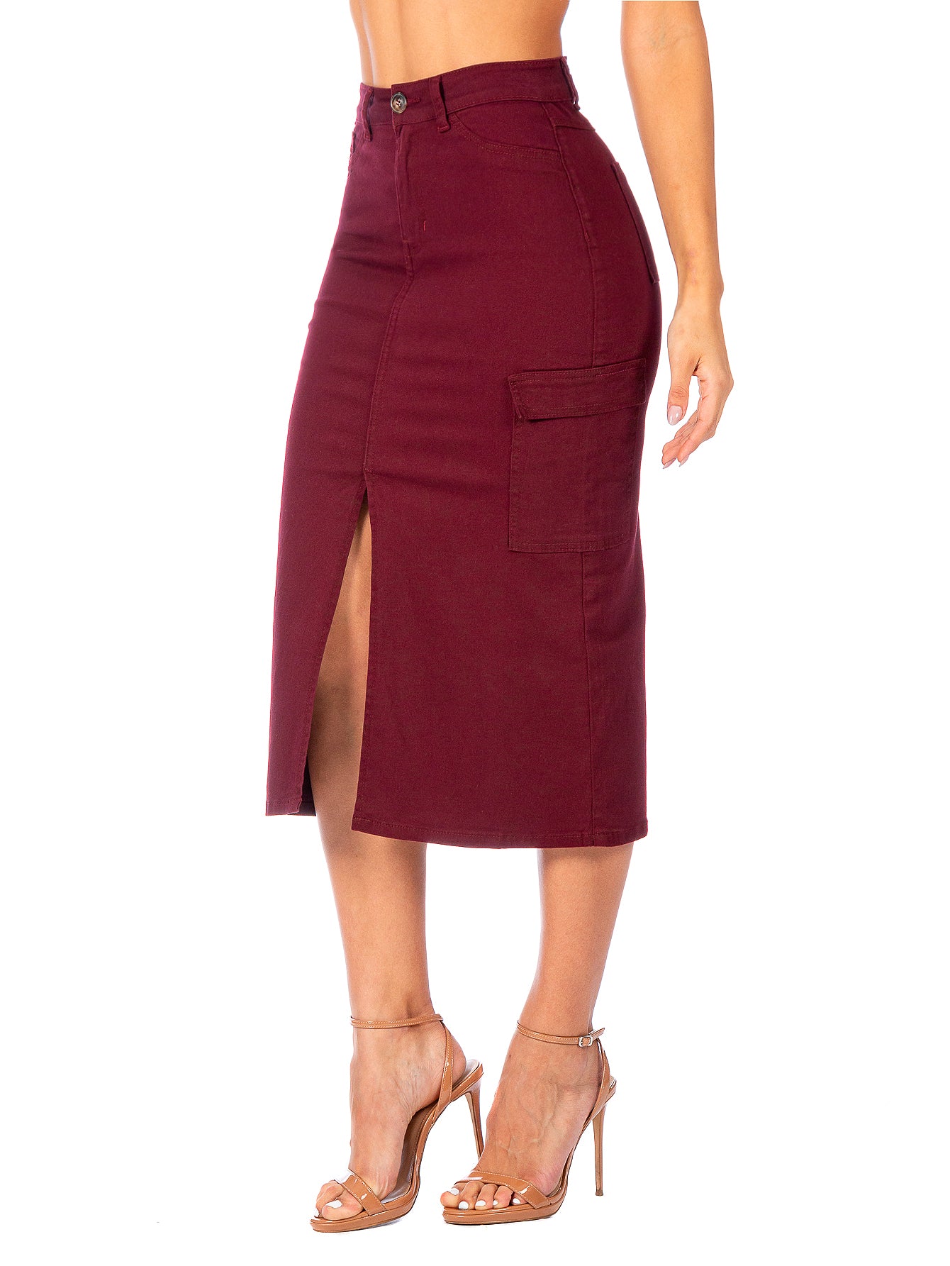 Falda Cargo Midi Gabardina Stretch Con Abertura Al Frente