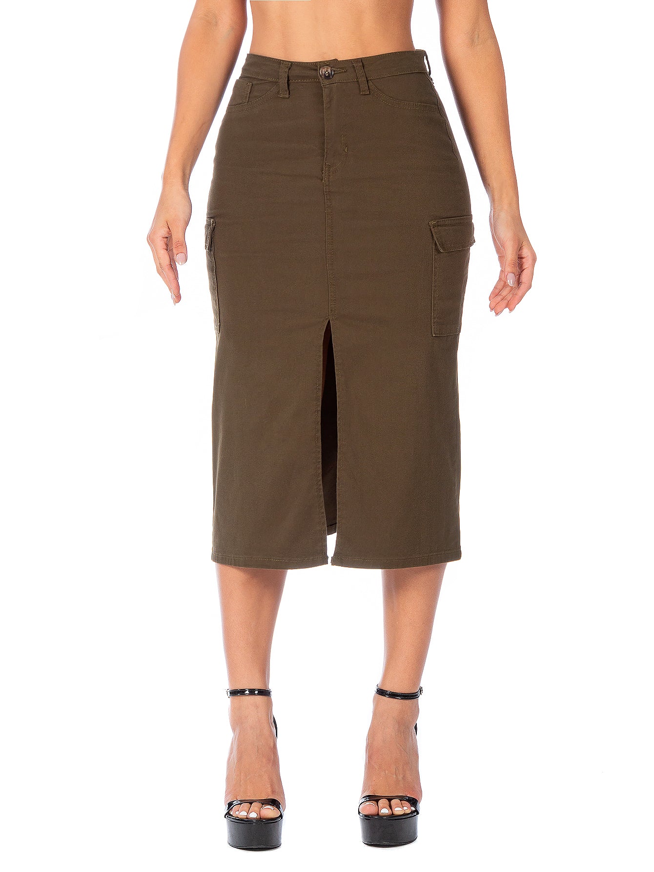 Falda Cargo Midi Gabardina Stretch Con Abertura Al Frente