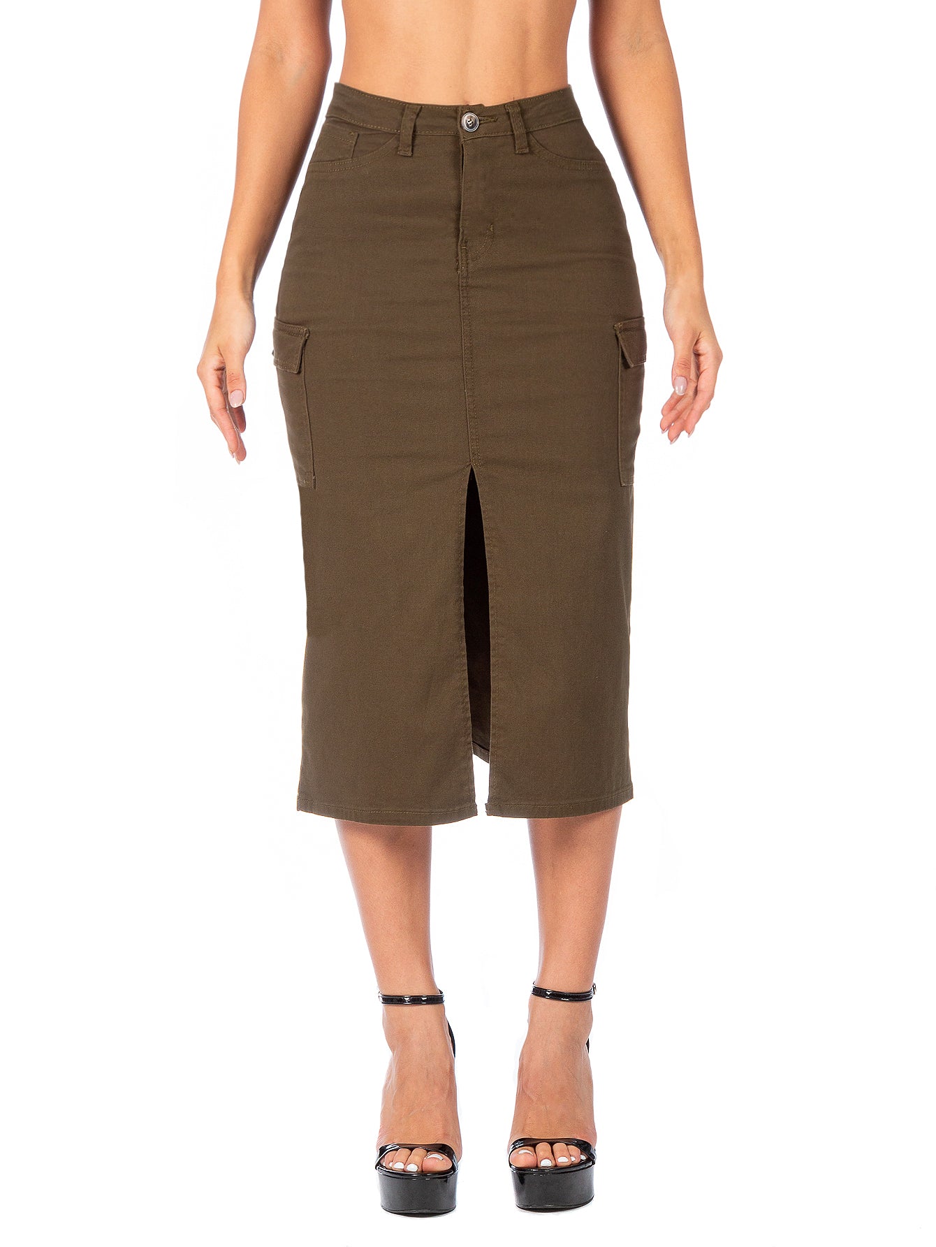 Falda Cargo Midi Gabardina Stretch Con Abertura Al Frente
