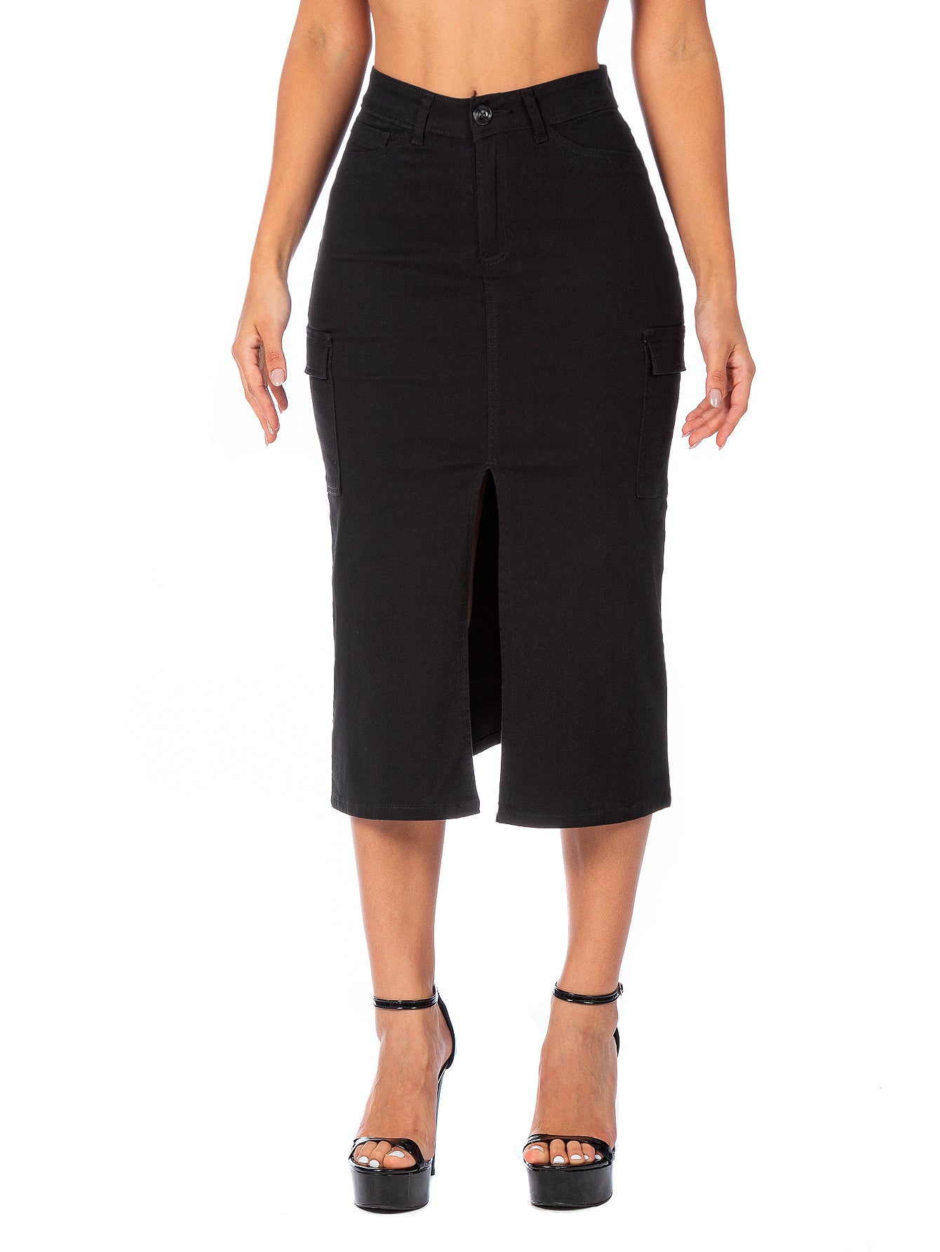Falda Cargo Midi Gabardina Stretch Con Abertura Al Frente